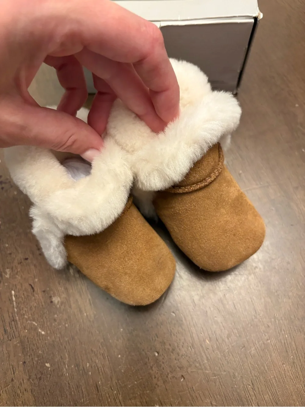 UGG Baby/Toddler Tan Suede Booties with Cream Shearling Trim